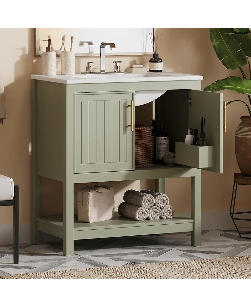 Sillysis 30" Bathroom Vanity with Ceramic Sink, Soft Close Doors & Open Shelf, Space-Saving Storage for Small Bathrooms