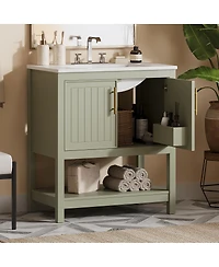 Sillysis 30" Bathroom Vanity with Ceramic Sink, Soft Close Doors & Open Shelf, Space-Saving Storage for Small Bathrooms