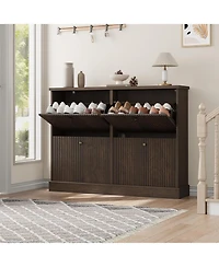 gaomon Shoe cabinet with 4 flip drawers, adjustable shelves, fluted design, and a sturdy top. A slim wooden organizer ideal for entryways.