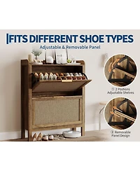 gaomon Farmhouse Rattan Shoe Cabinet 32 Inch Narrow Shoe Storage with 2 Flip-Down Drawers Freestanding Entryway Organizer with Adjustable Shelves