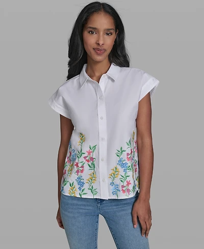 Karl Lagerfeld Paris Women's Short-Sleeve Embroidered Flower Top