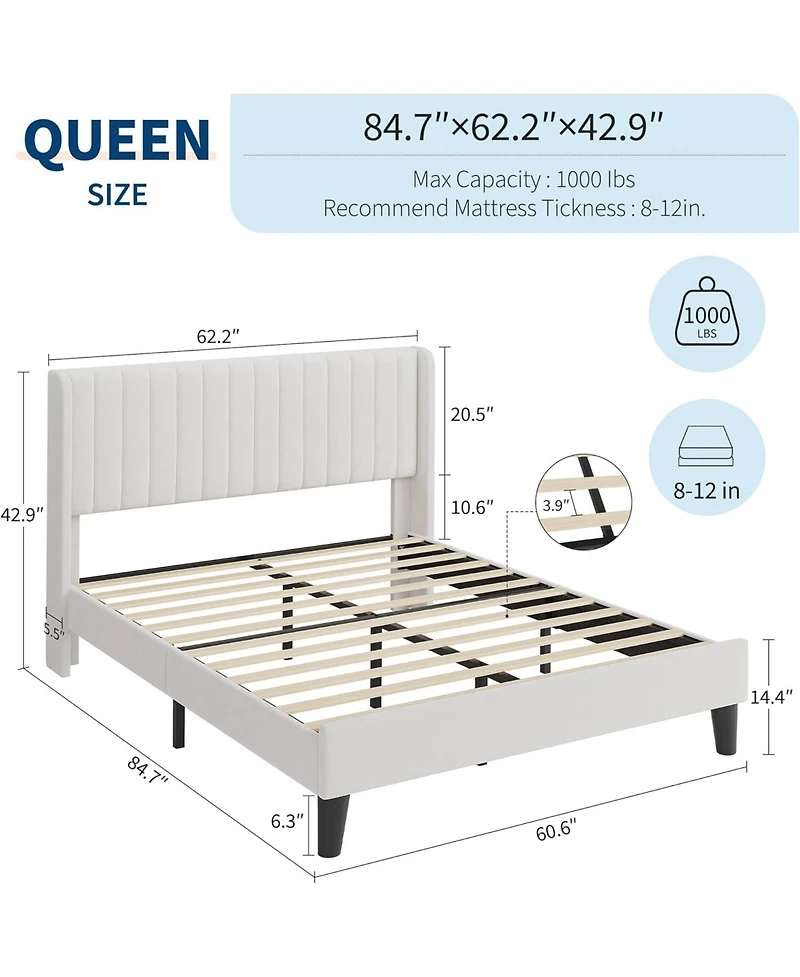 gaomon Queen Bed Frame with Vertical Channel Tufted Wingback Headboard, Upholstered Platform Bed Frame with Strong Wooden Slats Support