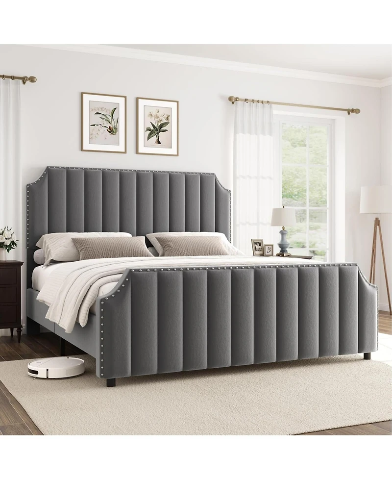 gaomon California King Platform Bed Frame Velvet Upholstered Tall Headboard Footboard Nailhead Trim No Box Spring Light