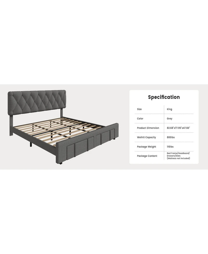 gaomon King Size Bed Frame Diamond Tufted Headboard Upholstered Platform Storage Drawer Wooden Slats Noise-Free No Box Spring