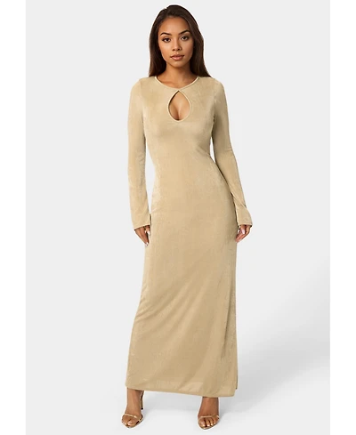 Bebe Women's Long Sleeve Open Neck Slinky Maxi Dress