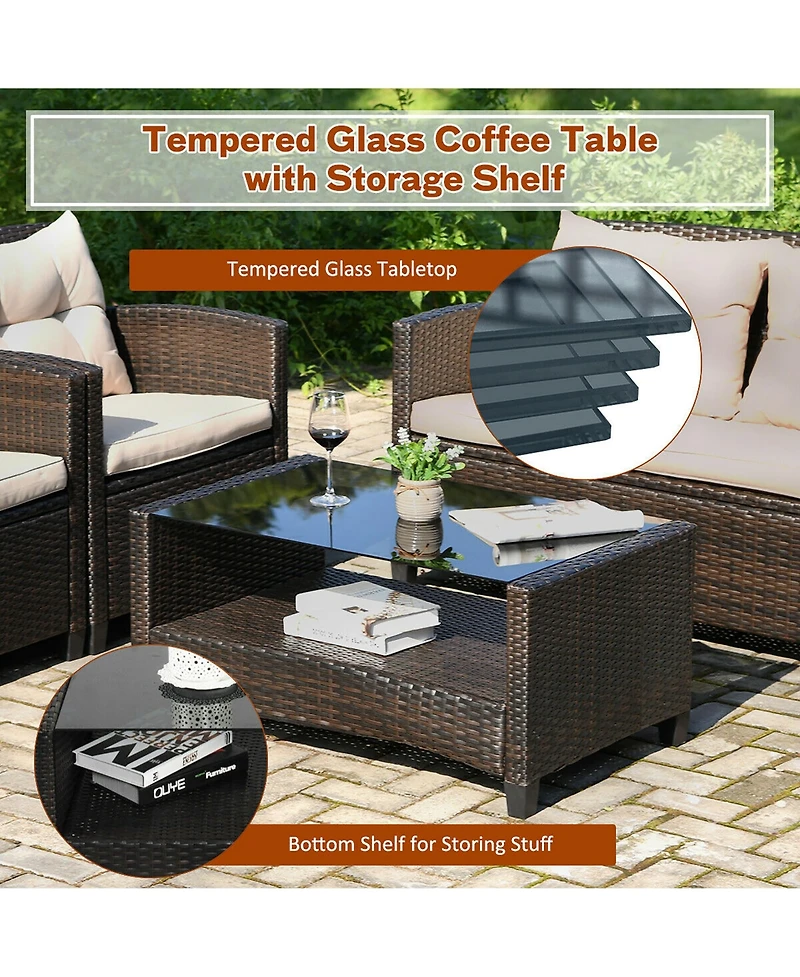 Costway 4PCS Outdoor Rattan Furniture Set Cushioned Sofa Armrest Chair Lower Shelf