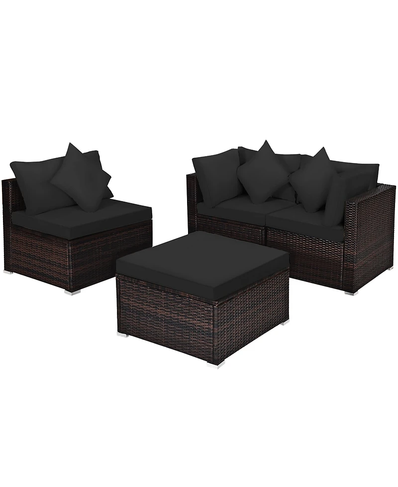Costway 4PCS Patio Rattan Wicker Furniture Set Cushioned Sofa Ottoman Garden Deck