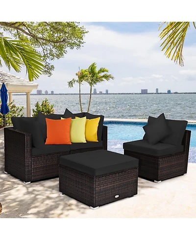 Costway 4PCS Patio Rattan Wicker Furniture Set Cushioned Sofa Ottoman Garden Deck