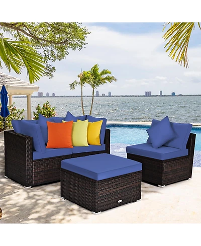 Costway 4PCS Patio Rattan Wicker Furniture Set Cushioned Sofa Ottoman Garden Deck