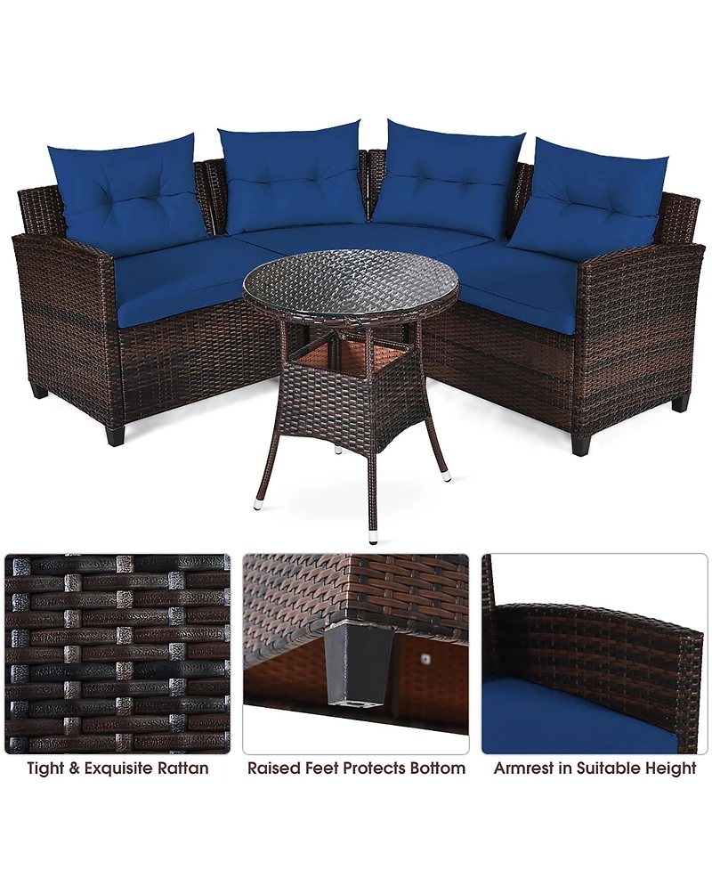 Costway 4pieces Outdoor Patio Rattan Furniture Set Cushioned Sofa Table