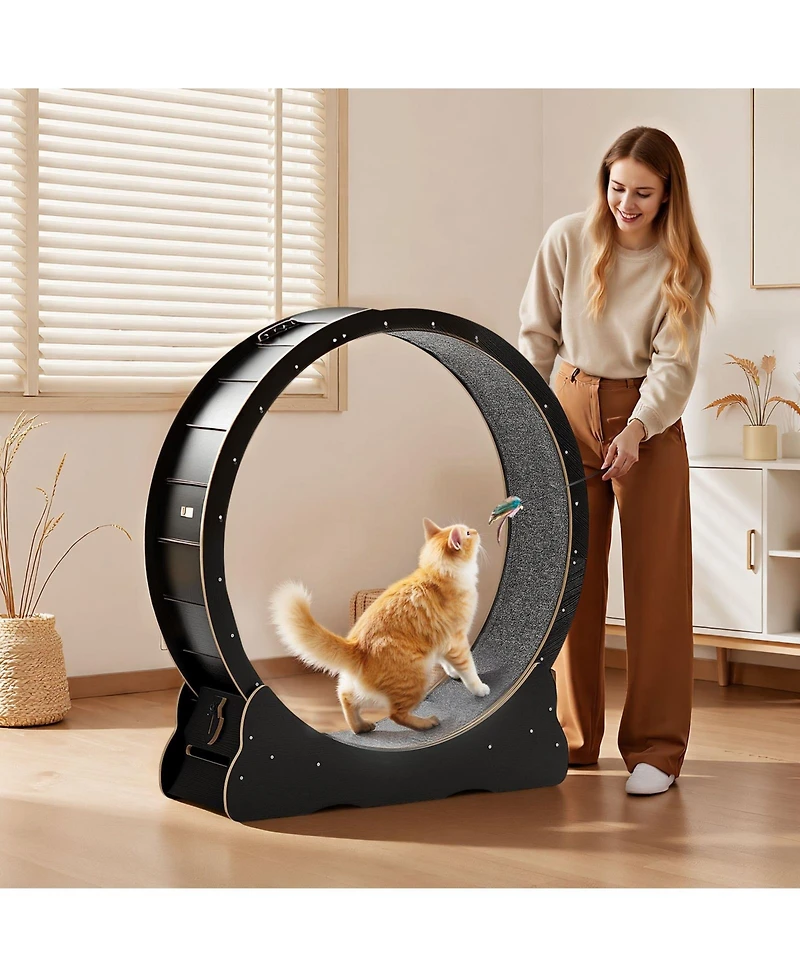 Cozito 48" Wooden Cat Exercise Wheel with Carpeted Runway and Locking Mechanism