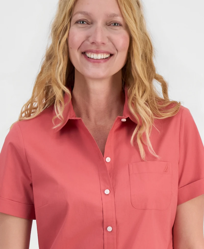Nautica Women's Cotton Solid Short-Sleeve Camp Shirt