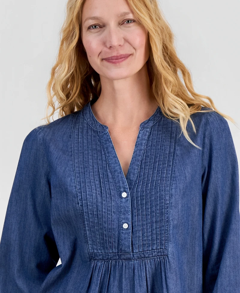 Nautica Women's Chambray Pintuck Popover Blouse