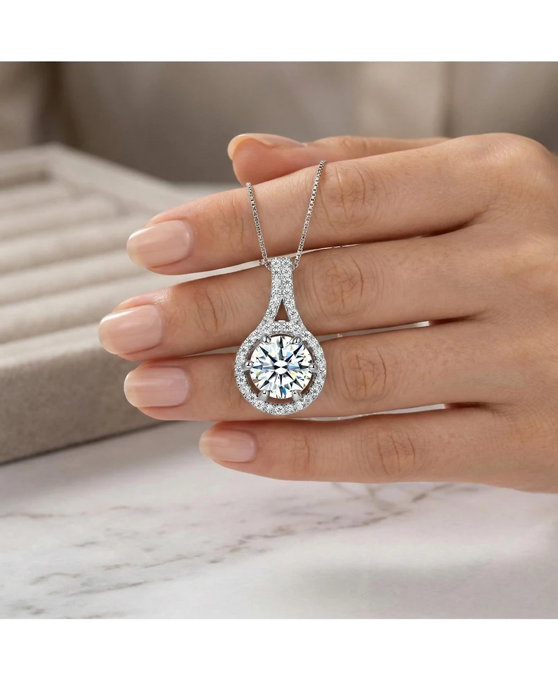 Genevive Sterling Silver with White Gold Plated Round Cubic Zirconia Drop Pendant Necklace