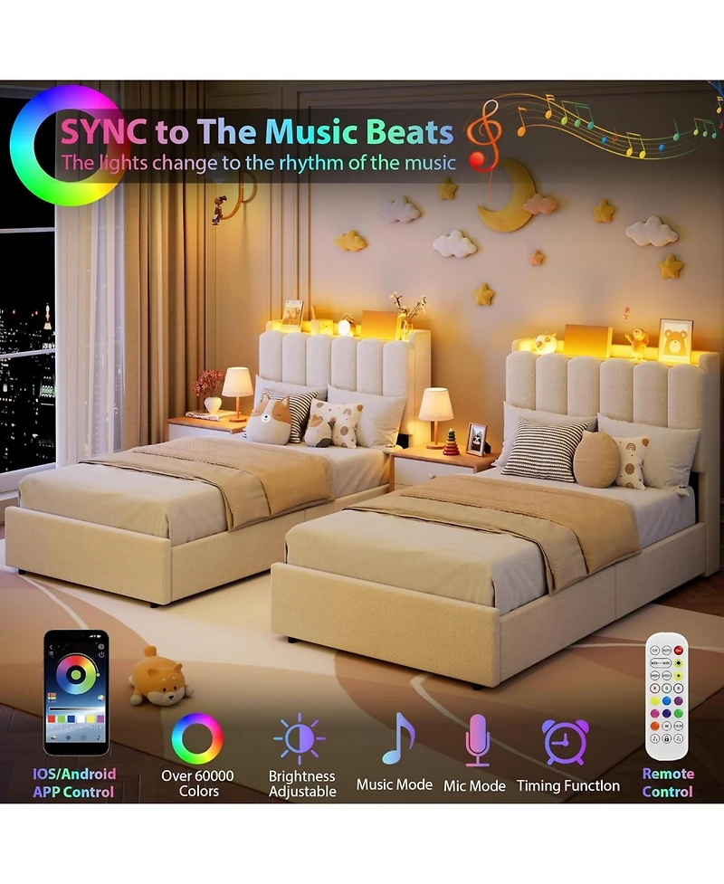 gaomon Led Bed Frame with Storage Headboard, Kids 2 Drawers, Boucle Upholstered Platform for Girls, Chic Wavy Headboard