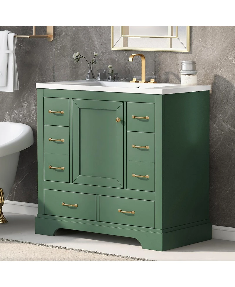 Sillysis Bathroom Vanity with Sink, Solid Wood Cabinet, 6 Drawers & Adjustable Shelf for Modern Storage