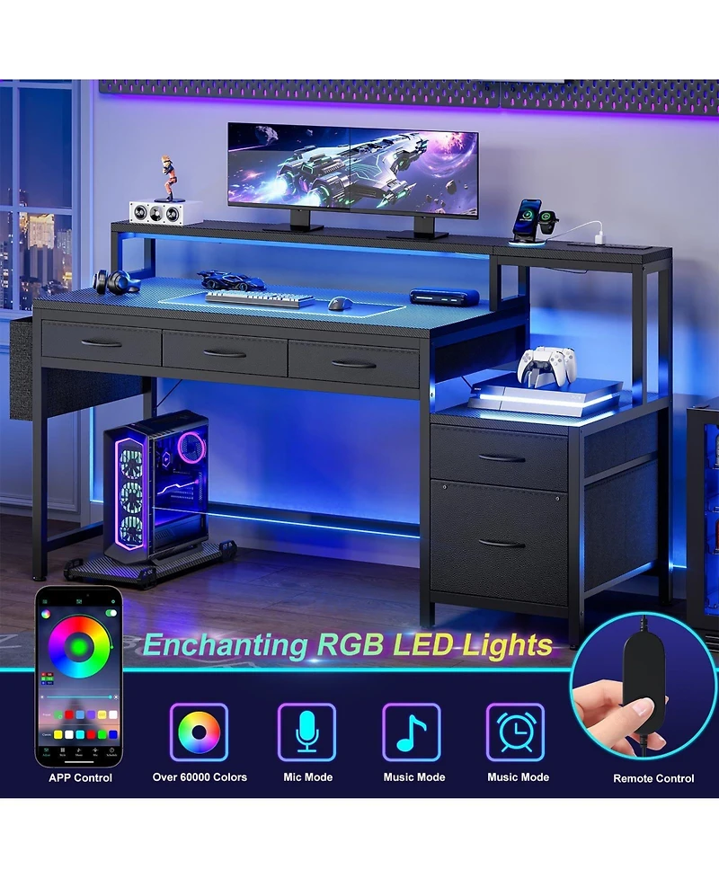 Homlux 61" Modern Computer Lap Desk Table w/Storage Drawer, Monitor Stand, Charging Station, Side Pocket