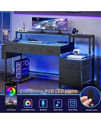 Homlux 61" Modern Computer Lap Desk Table w/Storage Drawer, Monitor Stand, Charging Station, Side Pocket