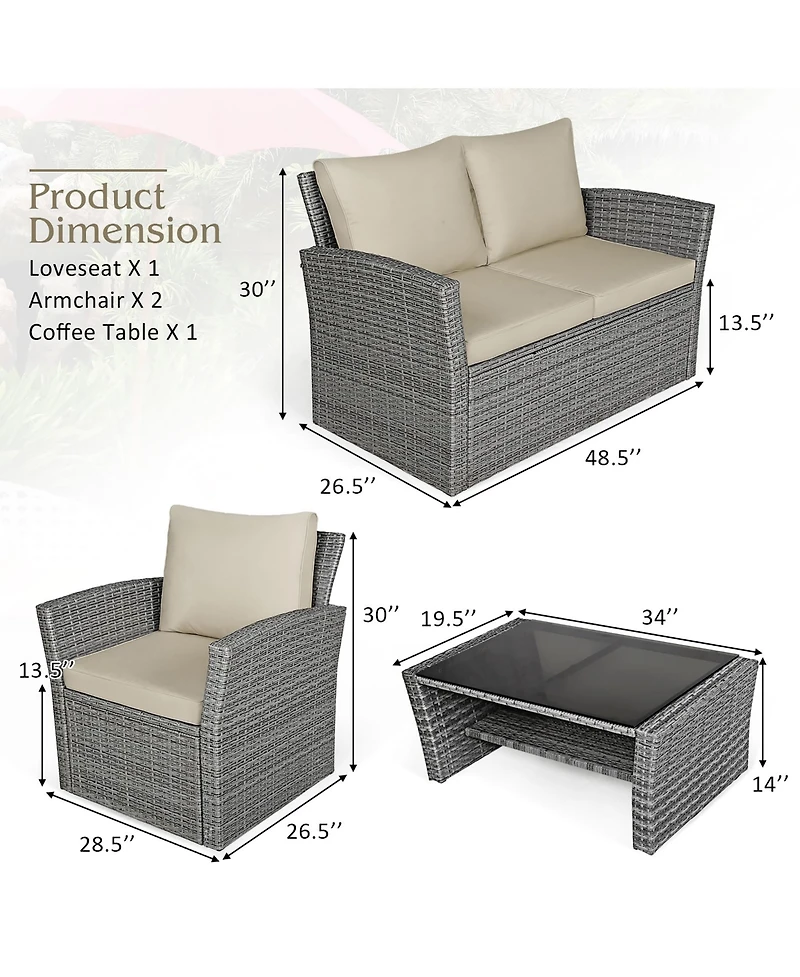Costway 4 Pieces Patio Rattan Furniture Set with Storage Shelf Table