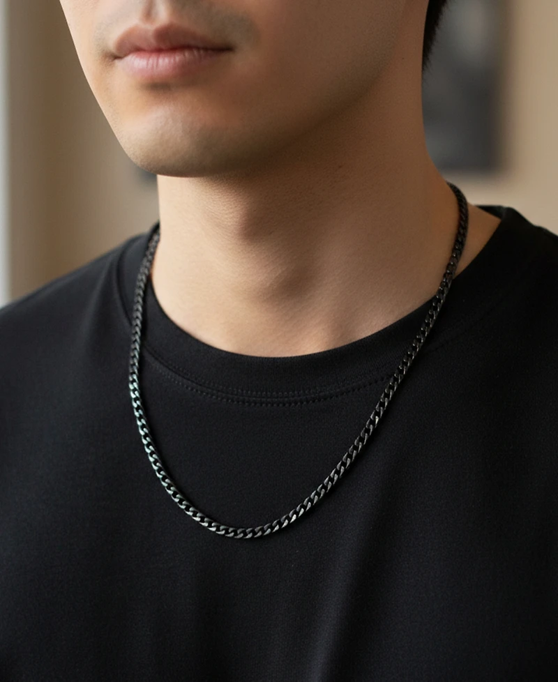 Rhona Sutton Men's Black Plated Stainless Steel Miami Cuban Chain Necklace