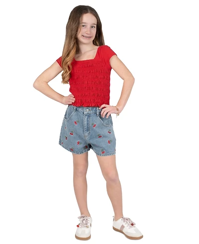 Tween Diva Girls' 7-16 2Smocked Top and Cherry Embroidered Denim Short, 2-Piece Set