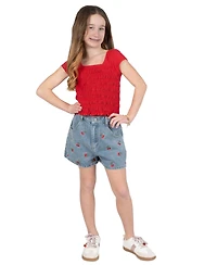 Tween Diva Girls' 7-16 2Smocked Top and Cherry Embroidered Denim Short, 2-Piece Set