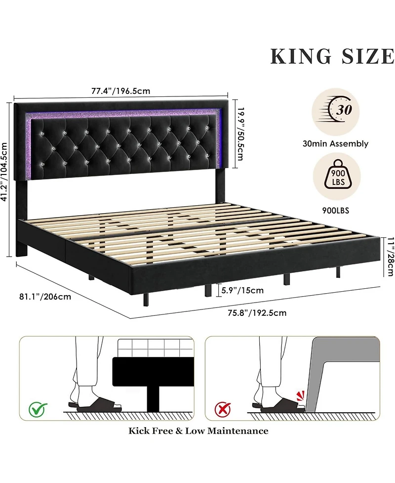 gaomon Floating Bed Frame with Smart Led Lights, Upholstered Platform Diamond Headboard, Solid Wood Slats Support