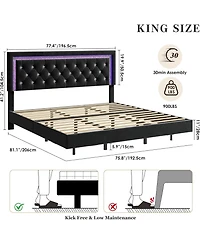 gaomon Floating Bed Frame with Smart Led Lights, Upholstered Platform Diamond Headboard, Solid Wood Slats Support