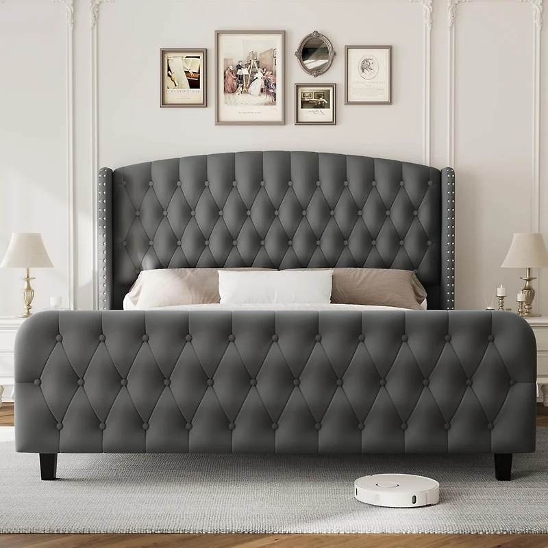 gaomon Bed Frame Deep Button Tufted Wingback Headboard Velvet Upholstered Platform No Box Spring Easy Assembly