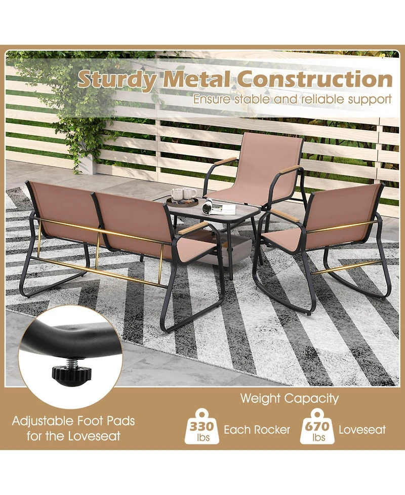 Costway 8 Pieces Patio Furniture Set with 4 Rocking Bistro Chairs 2-Tier Coffee Table