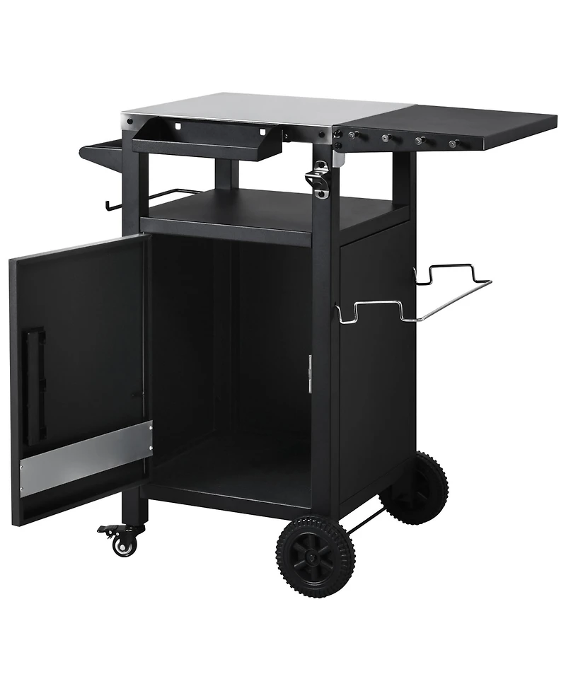 Rainsken 33.9" Outdoor Grill Cart with Drop Leaf, Metal Bar Cart with Wheels, Stainless Steel Top, Storage Cabinet, Spice and Paper Rack for Bbq