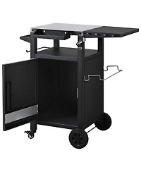 Rainsken 33.9" Outdoor Grill Cart with Drop Leaf, Metal Bar Cart with Wheels, Stainless Steel Top, Storage Cabinet, Spice and Paper Rack for Bbq