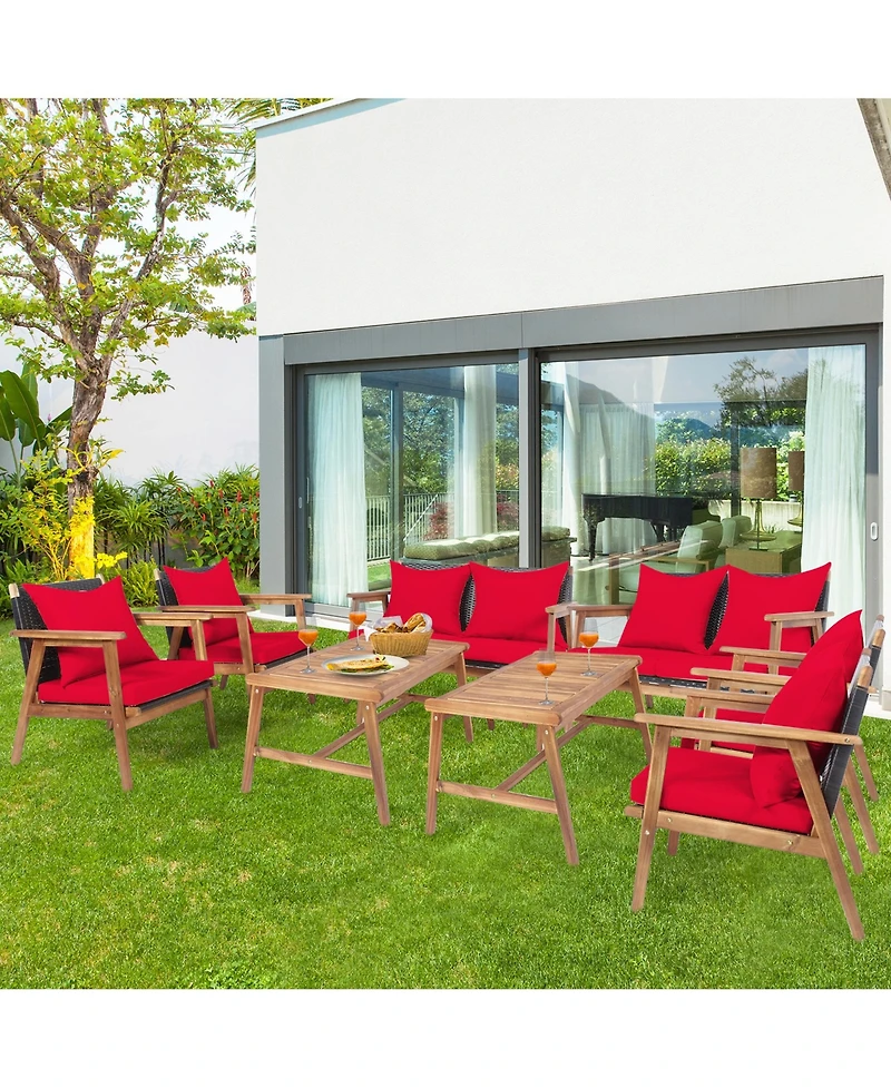 Gymax 8PCS Patio Conversation Set Wood Frame Furniture Set w/ Red Cushions