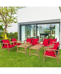 Gymax 8PCS Patio Conversation Set Wood Frame Furniture Set w/ Red Cushions
