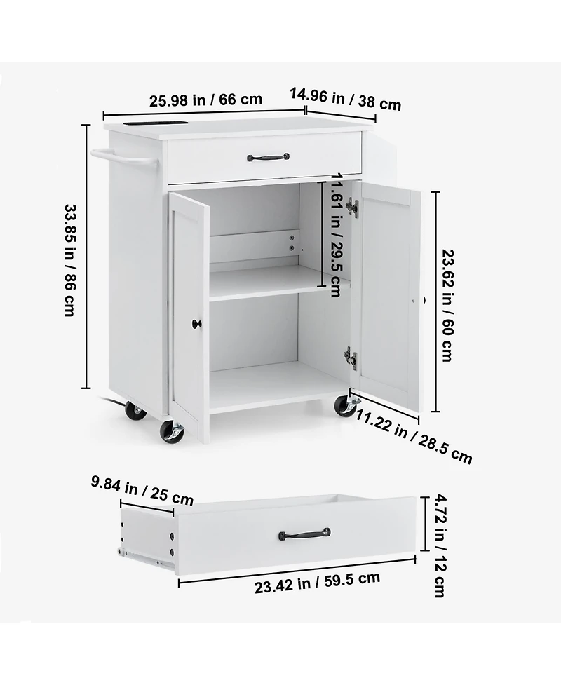 Rainsken Kitchen Island Cart Rolling Storage Cabinet on Wheel with Charging Station and Lockable Wheels for Kitchen Utility Storage