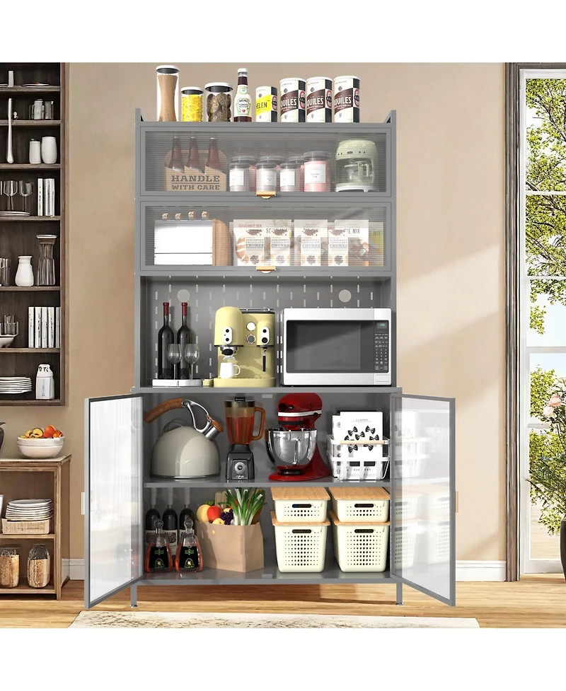 Rainsken 6-Tier Pantry Cabinet with Flip Door and Pegboard, Freestanding Kitchen Hutch with Adjustable Shelves for Dining Room