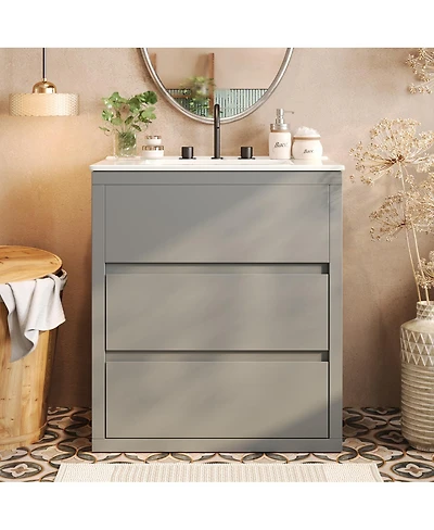 Sillysis 30" Modern Freestanding Bathroom Vanity with Ceramic Sink, Glossy Mdf Cabinet, Handleless Soft Close Drawers