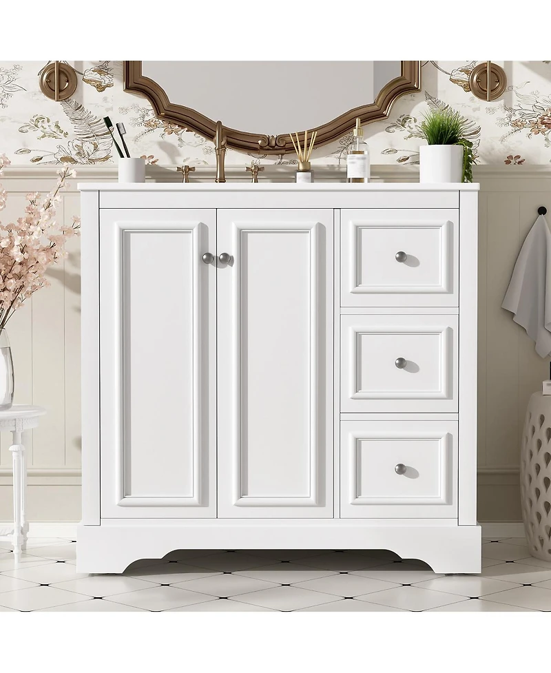Sillysis 36" Transitional Bathroom Vanity with Ceramic Sink, Solid Wood & Mdf, 2 Soft-Close Doors, 3 Drawers, Adjustable Shelf for Storage