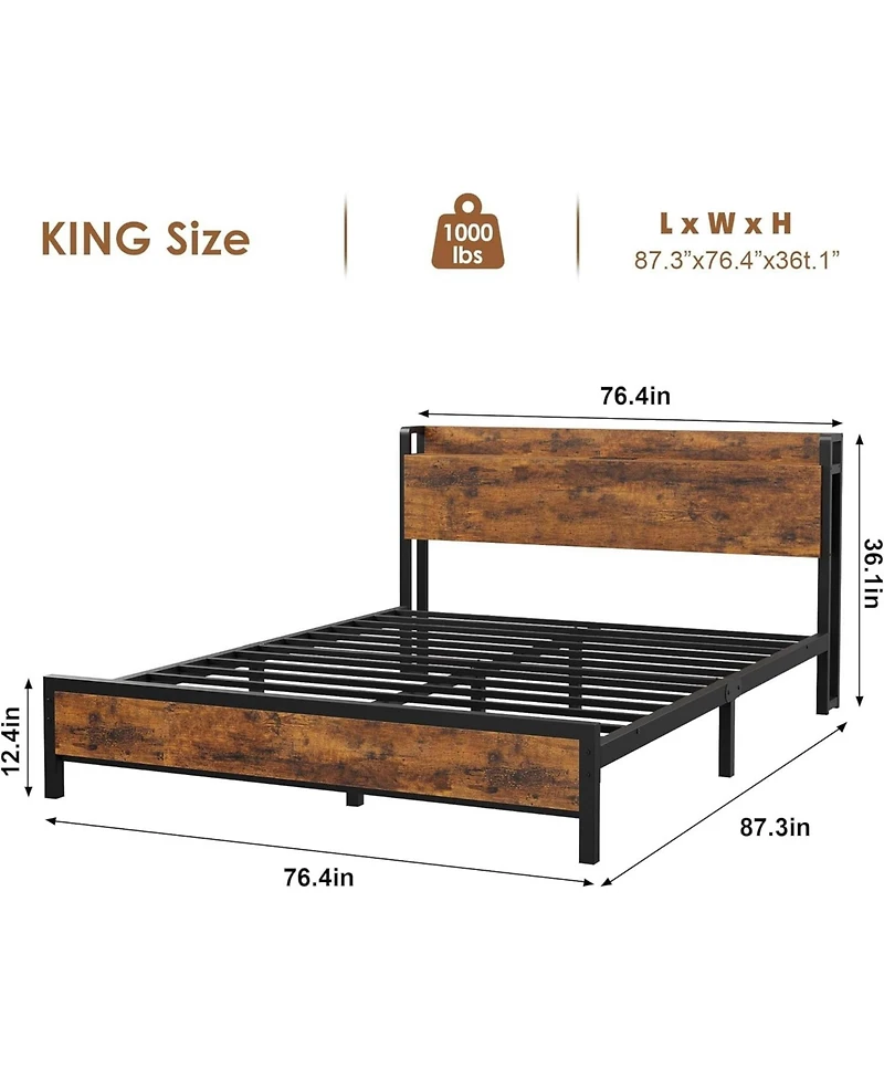 gaomon King Industrial Platform Bed Frame Usb Charging Station 2-Tier Storage No Box Spring Retro Wood Finish Heavy Duty Metal Frame Headboard