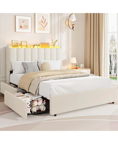 gaomon Boucle Upholstered Platform Bed Wavy Headboard Storage Bookcase 2 Drawers No Box Spring