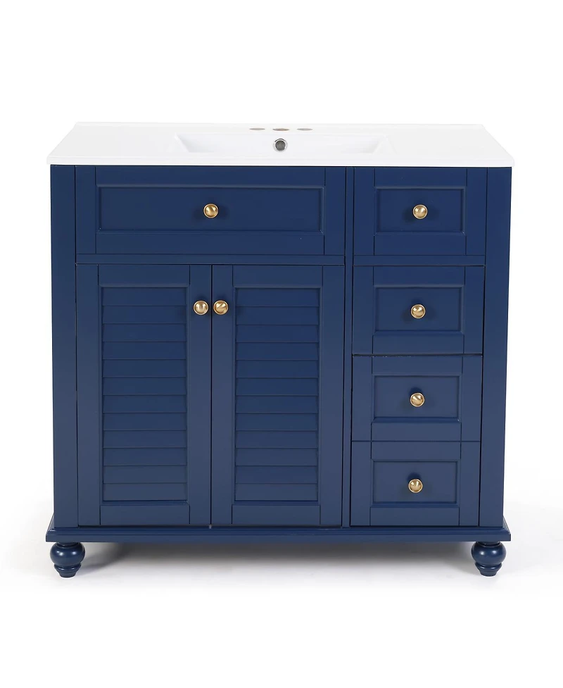 Sillysis 36" Bathroom Vanity with Ceramic Sink, Solid Wood Frame, Flip-Top and Drawer Storage, Adjustable Shelves