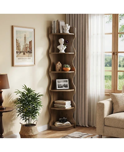 Tribesigns Modern 6-Tier Corner Shelf, 71'' Wavy Wall Corner Bookshelf, Unique Curvy Shape Corner Shelves Stand Plant Stand Display Rack