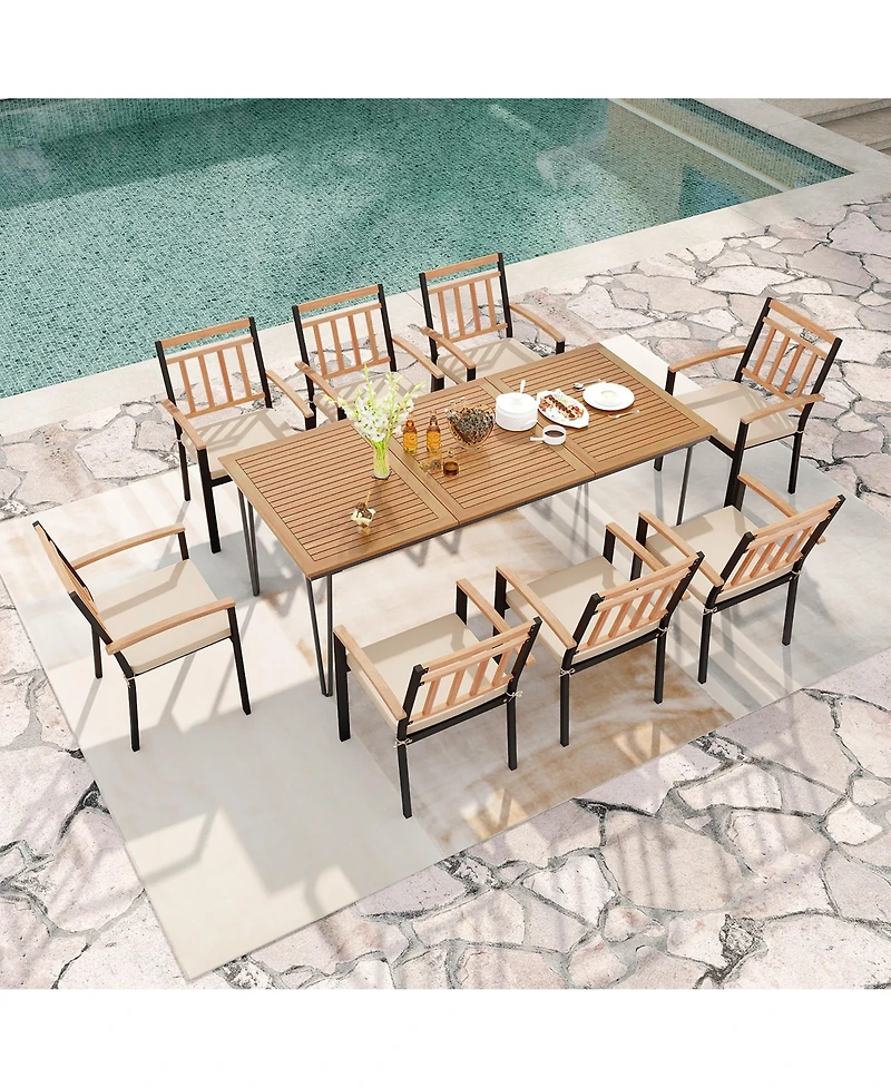 Gymax 9 Pcs Patio Dining Set w/ Rectangular Acacia Wood Dining Table 8 Cushioned Chairs