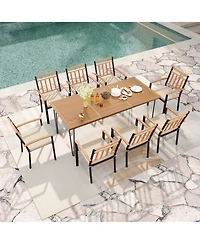 Gymax 9 Pcs Patio Dining Set w/ Rectangular Acacia Wood Dining Table 8 Cushioned Chairs