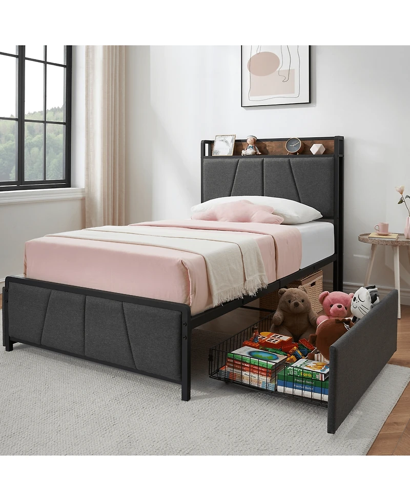 gaomon Twin Bed Frame 2 Storage Drawers Charging Station Linen Upholstered Platform Headboard Noise Free No Box Spring