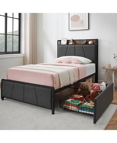 gaomon Twin Bed Frame 2 Storage Drawers Charging Station Linen Upholstered Platform Headboard Noise Free No Box Spring