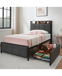 gaomon Twin Bed Frame 2 Storage Drawers Charging Station Linen Upholstered Platform Headboard Noise Free No Box Spring