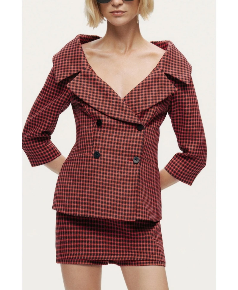 Nocturne Women's Checked Portrait Collar Double-Breasted Jacket