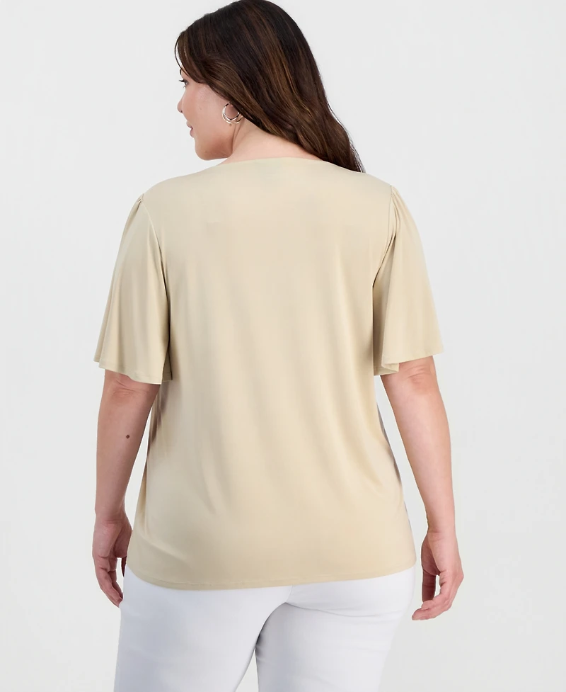 Jm Collection Plus Solid V-Neck Flutter-Sleeve Top, Macy's Exclusive