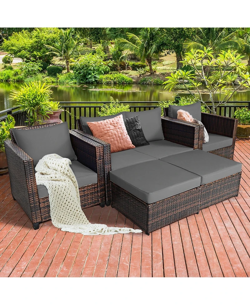 5PCS Patio Rattan Furniture Set Loveseat Sofa Ottoman Cushioned